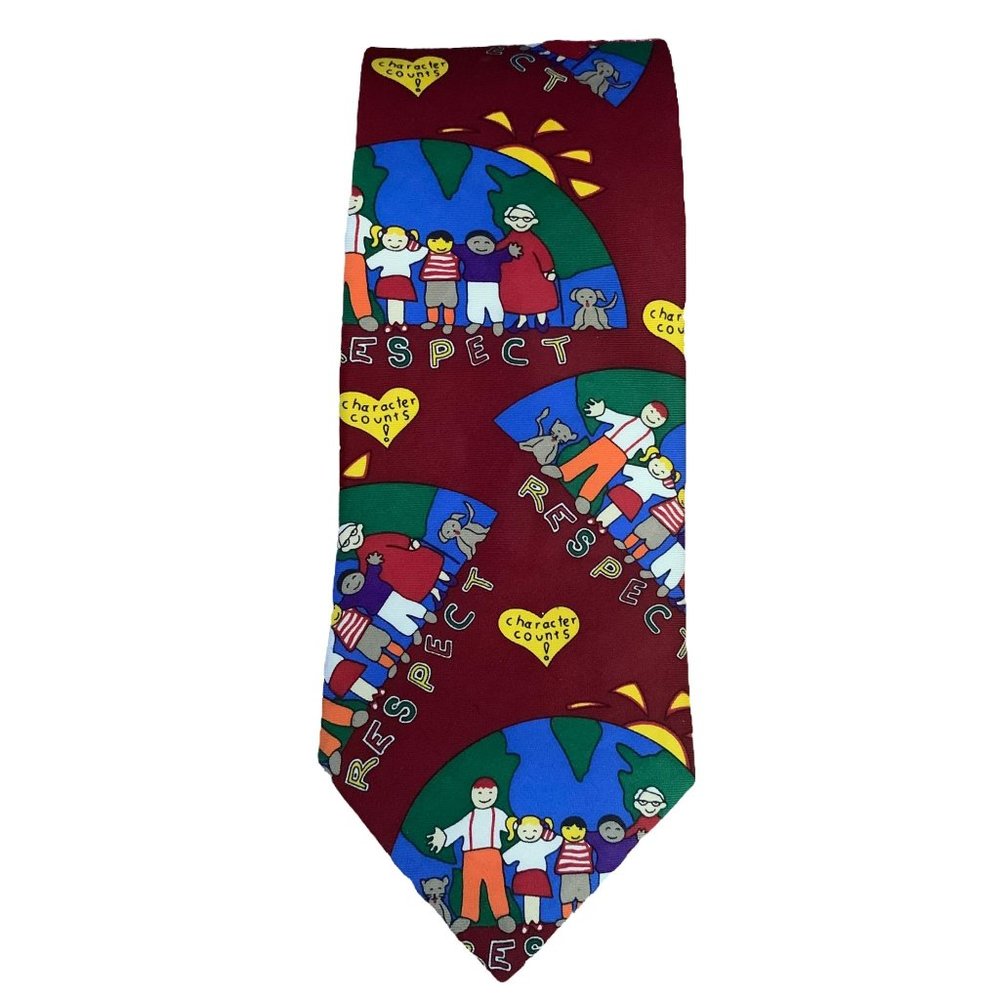 Vintage Character Counts Respect Silk Tie Maroon Red 3.75 in Handsewn Necktie